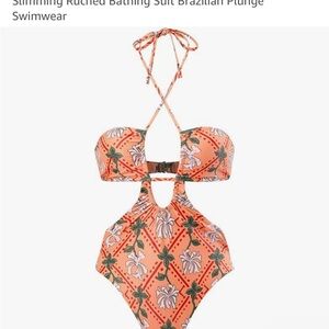 Womens One piece Orange and Green Plunge Halter SwimSuit Bikini with Cut Outs!